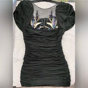Black Mini Bodycon Dress with Beaded Sheer Top & Draped Back - Like New